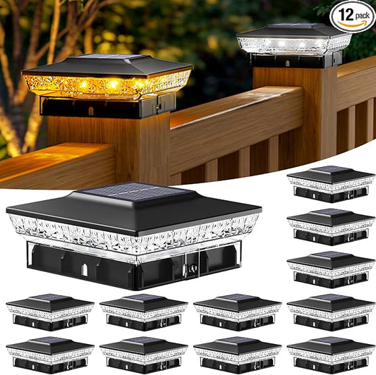 btfarm 12 Pack Solar Post Cap Lights Outdoor, 2 Color Modes 16 LED Fence Post Lights Fit 4x4 3.5x3.5 Wooden/Vinyl, Bright Waterproof Solar Powered Deck Lighting Outside for Patio Porch Garden, Black