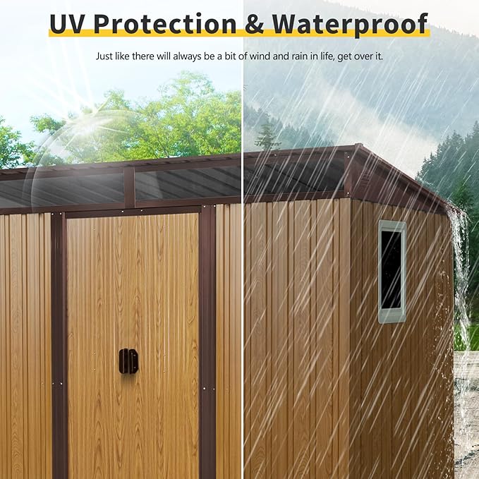 Ball & Cast 8x6 FT Outdoor Metal Storage Shed,Waterproof Garden Organizer Tool House with Window and Foundation,Shelter Cabinet w/ 2 Transparent Panels Vents & Lockable Sliding Door,for Patio,Coffee