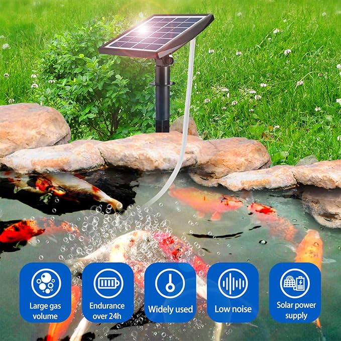 Solar Fish Tank Oxygen Pump, 2W Plug-in Aquarium Oxygenator, Fishing Oxygenator Air Pump with Piped Bubble Rock for Fish Tanks, Outdoor Ponds (Dual Head Rechargeable)