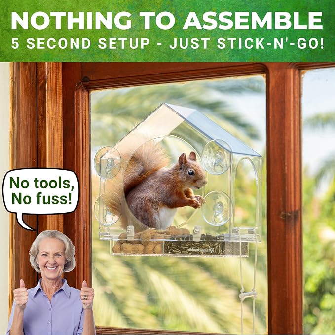 Window Squirrel Feeder - Funny Chipmunk Feeder - Easy to Install, No Assembly Needed - Includes Evergrip 4X Suction Cups - Squirrel Feeders for Outside - Squirrel House