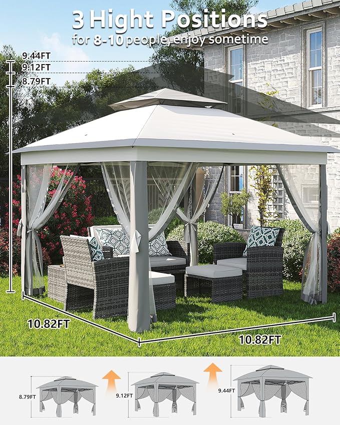 Garveelife 11x11 Pop Up Gazebo Tent with Mosquito Netting, Outdoor Canopy Shelter Easy Setup, Water & UV Resistant - Grey