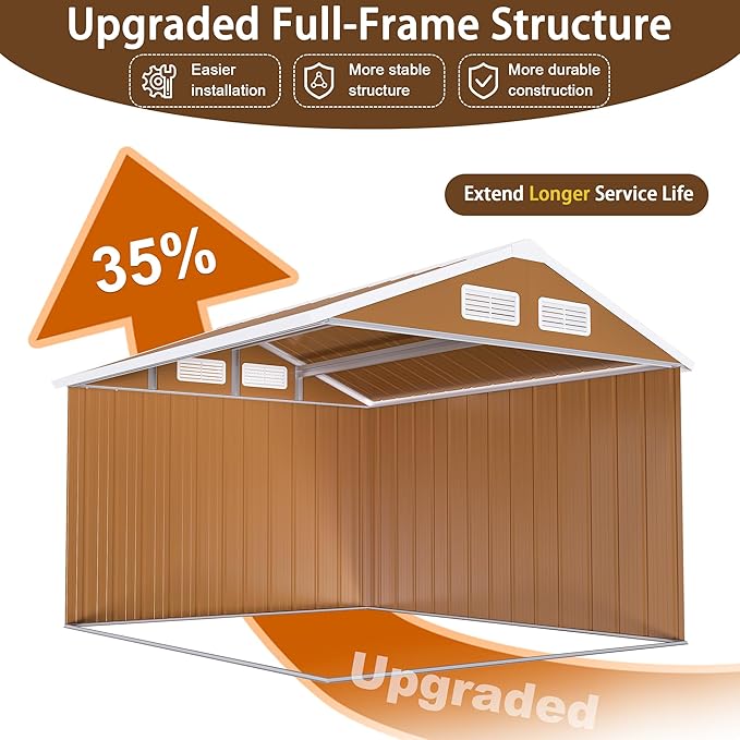 YOPTO 8X10 FT Metal Sheds & Outdoor Storage,Waterproof Large Backyard Shed House W/Windows and Sliding Door,Heavy-Duty Tool Organization with Sloped Roof & Vents,for Garden Pet House,Brown