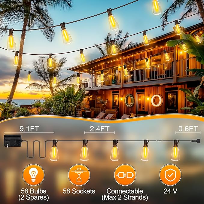 MGVIH Outdoor String Led Patio Lights - 150Ft 45M Outside Waterproof Light ST38 Shatterproof Bulb Connectable Hanging Outdoor Electric Lighting for Backyard Yard Gazebo Porch Party