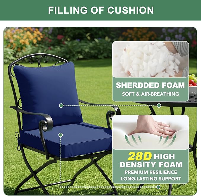 Summsun Outdoor Chair Cushions, Waterproof Backrest and Deep Seat Cushion Set for Patio Furniture, Outdoor Replacement Cushions with Removable Cover, 22 x 22 Inch, Navy, 1 Set