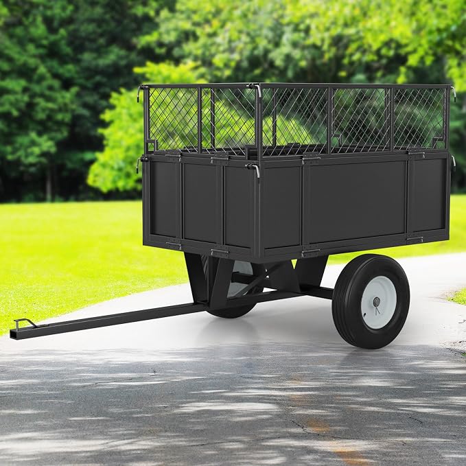 GarveeLife Heavy Duty 750 lbs Steel Garden Dump Cart for ATV/UTV – 17 Cu Ft Utility Trailer – Removable Sides, Pneumatic Tires, Quick-Dump – Yard Cart for Lawn Tractor, Mower, Farm & Landscaping