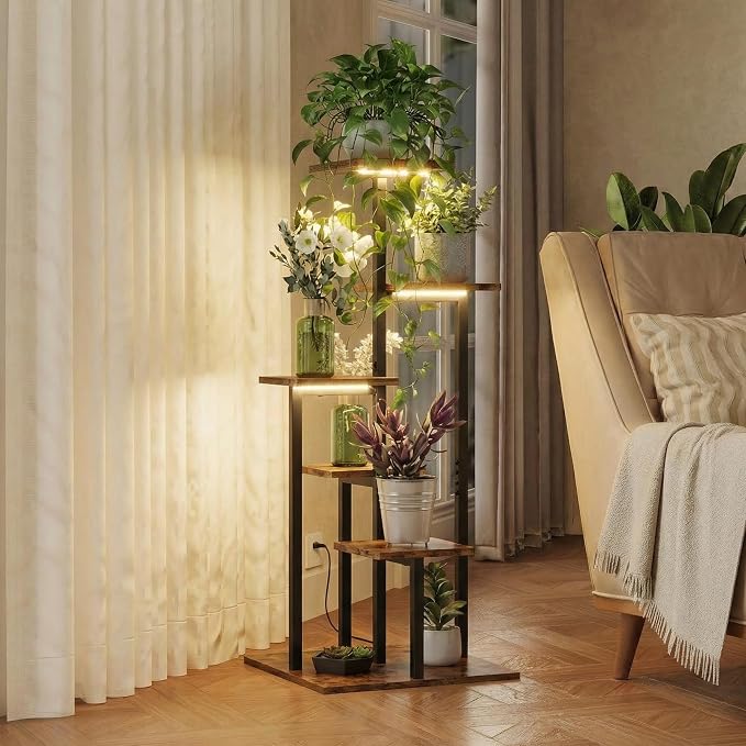 5 Tier Plant Stand Indoor with Grow Light for Multiple Plants | Corner Flower Stand with Vintage Design, Multi-Layer Plant Shelf, Sturdy Build, Ideal for Living Room & Indoor Plant Display
