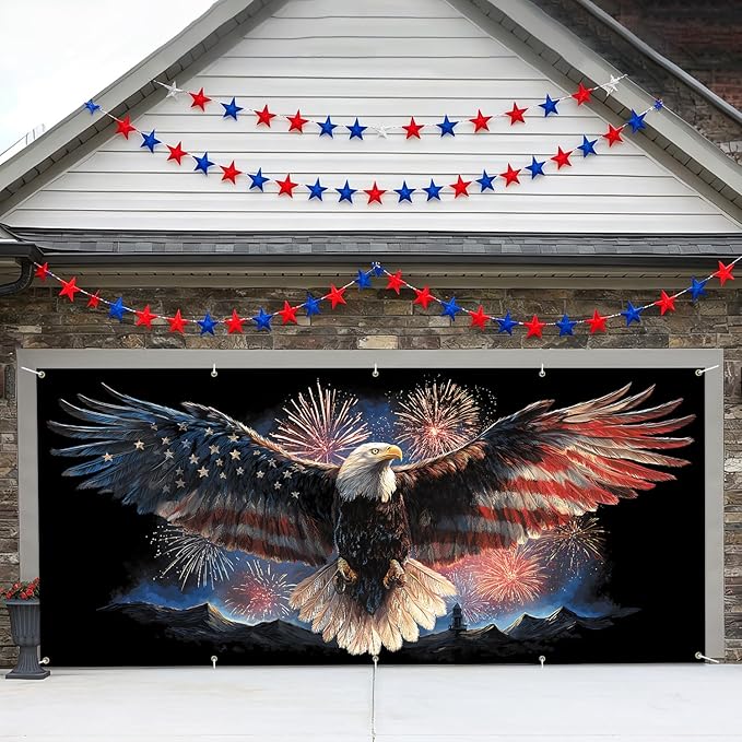 7 * 16FT Summer Garage Door Cover Decorations Sunset Palm Trees Garage Door Banner for Outdoor Indoor Summer Party Photography Backdrop (Eagle Flag Fireworks, 7 * 16 ft)