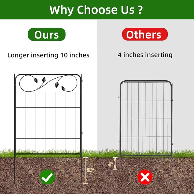 FOREHOGAR Decorative Outdoor Garden Fence 30in(H) X12ft(L) 6 Panels+7 Stakes Leaf Black Metal Garden Fencing for Landscape Lawn Patio, Temporary Animal Barrier Fences for Dogs