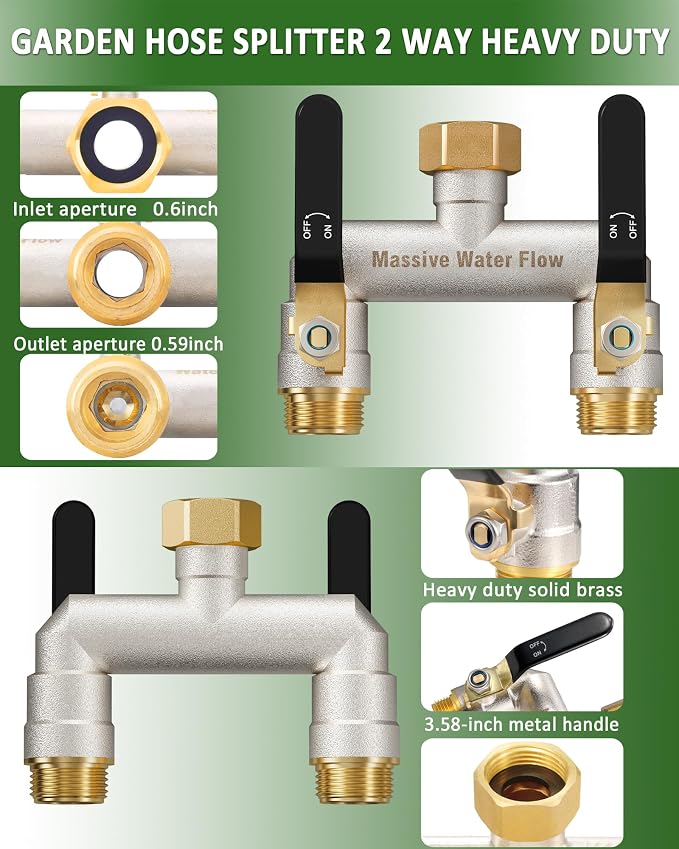 Hose Splitter 2 Way Heavy Duty, Garden Hose Splitter with 304 Stainless Steel Long Handle, Full Flow Brass Nickel Plated Water Hose T Spigot Splitter Adapter Connector, 3/4 - Inch GHT Thread (Black)