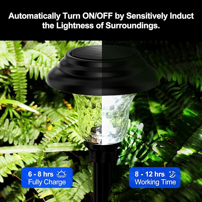 Glass Solar Lights Outdoor waterproof, 2 Pack Super Bright Solar Pathway Lights, Up to 12 Hrs Long Last Auto On/Off Garden Lights Solar Powered, Stainless Steel LED Light For Yard Landscape Cool White
