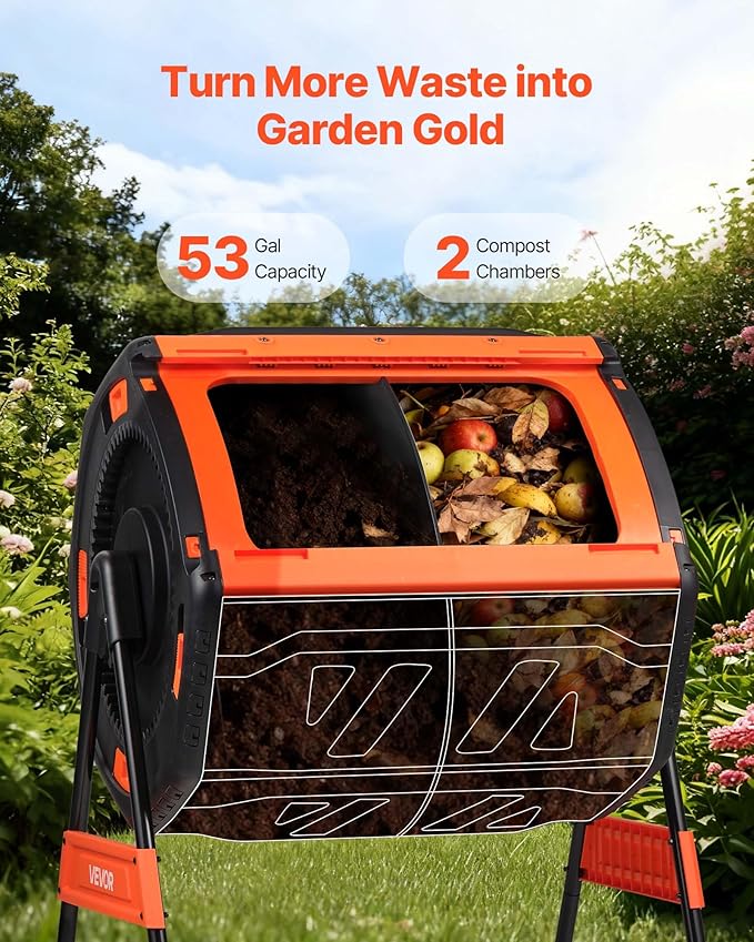 VEVOR Compost Tumbler, 53 Gallon Dual Chamber Outdoor Tumbling Composter with 2 Sliding Doors and Aeration System, Large Easy-Turn Rotating Composting Bin for Outside, Garden, Kitchen, and Yard Waste