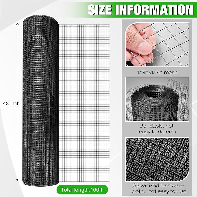 Tatuo Hardware Cloth 1/2 Inch 48in x 100ft Hot Dip Galvanized After Welded Cage Mesh Rolls 21 Gauge Metal Chicken Wire Roll Wire Fencing Poultry Netting for Raised Garden Rodent Animals(Black)