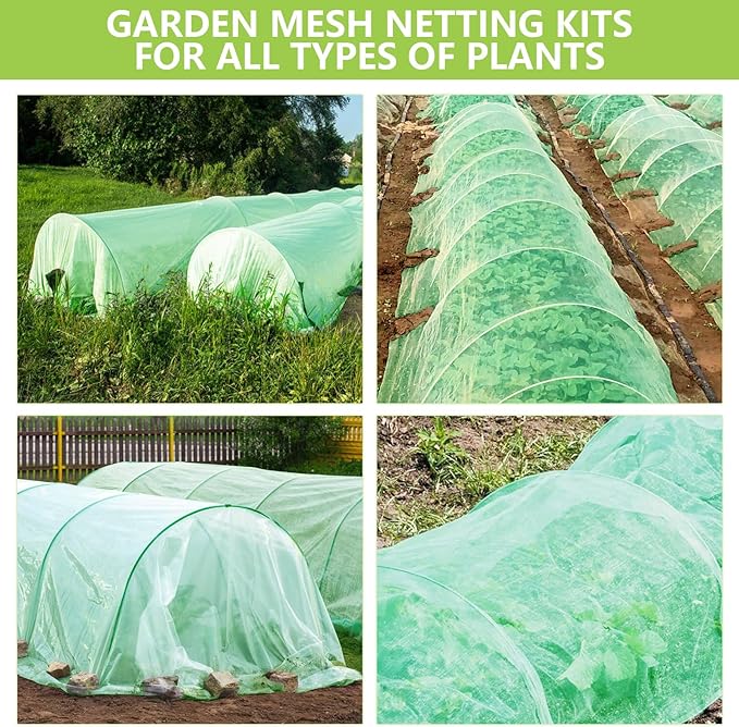 Garden Netting Kit for Raised Beds, 10x30FT Green Ultra Fine Mesh Netting ＆6 Sets of 8FT Garden Hoops, Insect Netting Row Cover Net Protect Plants Vegetable Fruits Flowers