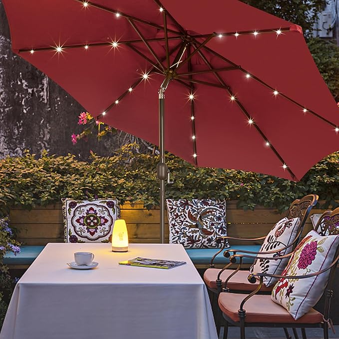 Blissun 9 ft Solar Umbrella, 32 LED Lighted Patio Umbrella, Table Market Umbrella, Outdoor Umbrella for Garden, Deck, Backyard, Pool and Beach (Burgundy)