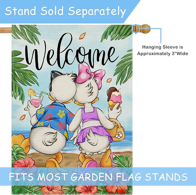 Selmad Welcome Summer Cartoon Duck Decorative House Flag, Beach Coastal Hibiscus Flower Tropical Home Yard Garden Outdoor Decor, Hawaii Nautical Seasonal Large Outside Decoration Double Sided 28 x 40