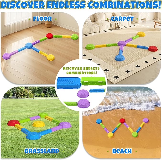 Wee Wonders Balance Beam Stepping Stones for Kids, Non-Slip Sensory Obstacle Course Toys for Toddlers, Stackable Balance Stones with Game Spinner & 30 Card, Indoor Outdoor Gifts for Boys Girls 3-5