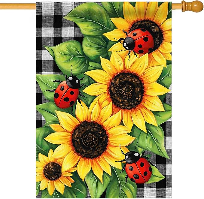 Morigins Spring Garden Flag Double Sided Ladybug Sunflower Flower Buffalo Plaid Farmhouse Yard Flag Summer Seasonal House Flag 28×40 inch