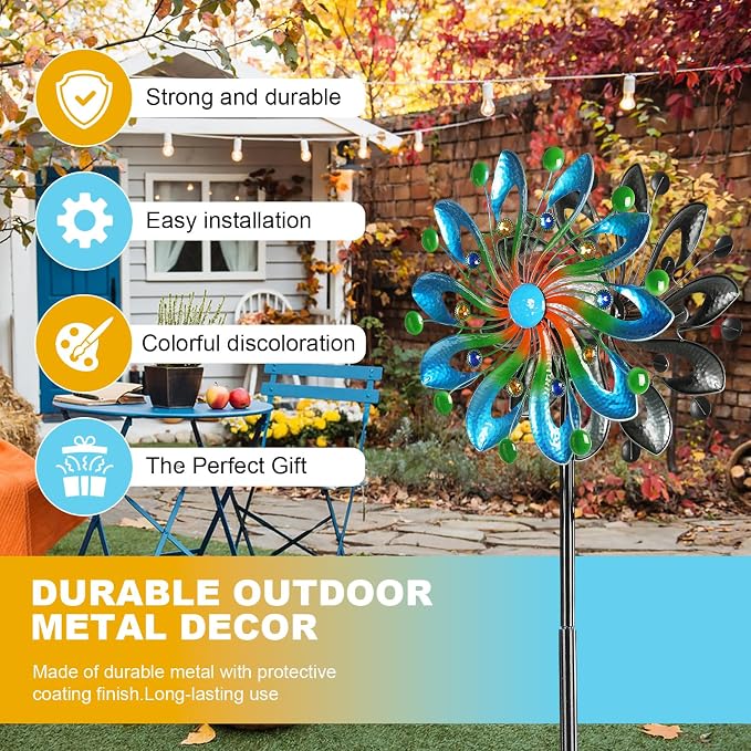 MLKNK Wind Spinners for Yard and Garden - Wind Sculptures & Spinners | Wind Spinners Outdoor 75 Inch, Navy Blue, Kinetic Art with Solar Powered Multi-Color Glass Ball Light