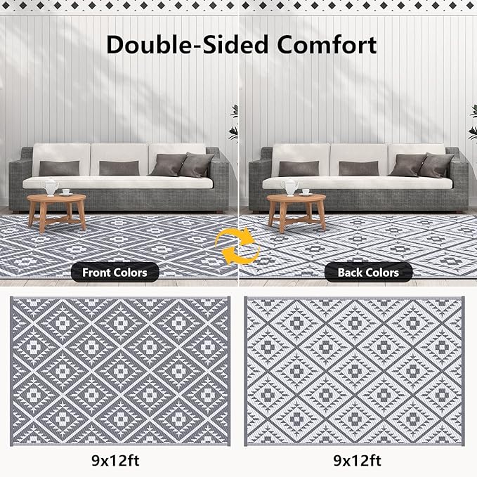 COOLTOP 9'x12’ Outdoor Rug for Patios Porches, Waterproof Plastic Camping Rugs, Modern Reversible Mat, Large Area Rugs for Backyard, Deck, RV, Balcony, Picnic, Beach, Grey & White