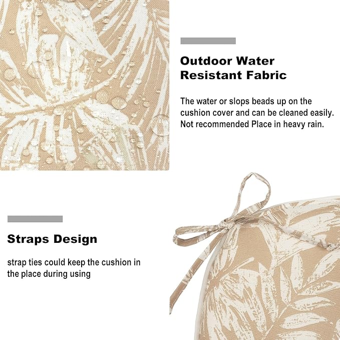 DYTXIII Set of 2 Outdoor Chair Cushions with Ties, Water Repellent Patio Chair Pads 17"x 16" for Outdoor Furniture, Round Corner Seat Cushions for Garden Yard Kitchen Tropical Leaf Oat