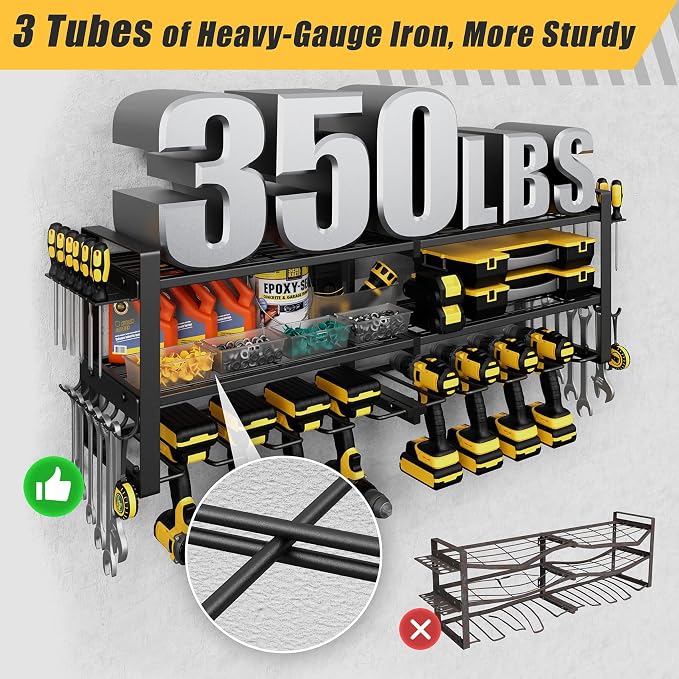 Jusgym Power Tool Organizer Wall Mount |350lbs Garage Tool Storage Rack with 6 Cordless Drill Holder |3-Tier 32''W Heavy Duty Garage Organization |Gifts for Men