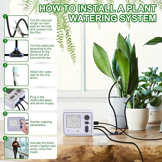 BZONE Dual Channel Automatic Watering System, Timer Drip Irrigation Kit for 20 Potted Plants, with Adjustable Programs & 3 Power Levels, 20 Emitters, 15M Hose for Indoor Garden