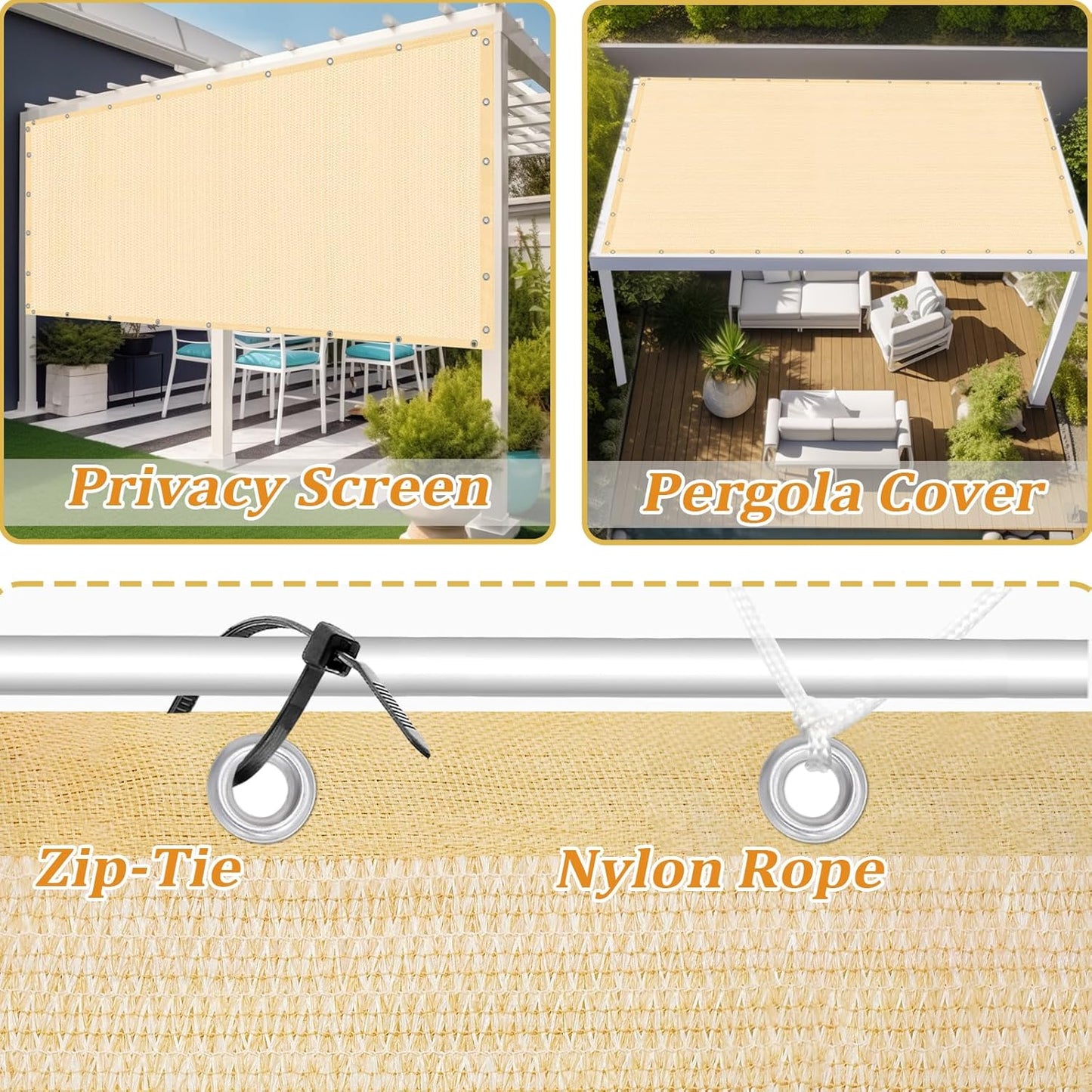 Shade&Beyond Customized Size 90% Sun Shade Cloth with Grommets, 16' X 20' Pergola Shade Cover Canopy, Mesh Tarp Sun Screens for Patio, Outdoor, Garden, Backyard GN01, Wheat