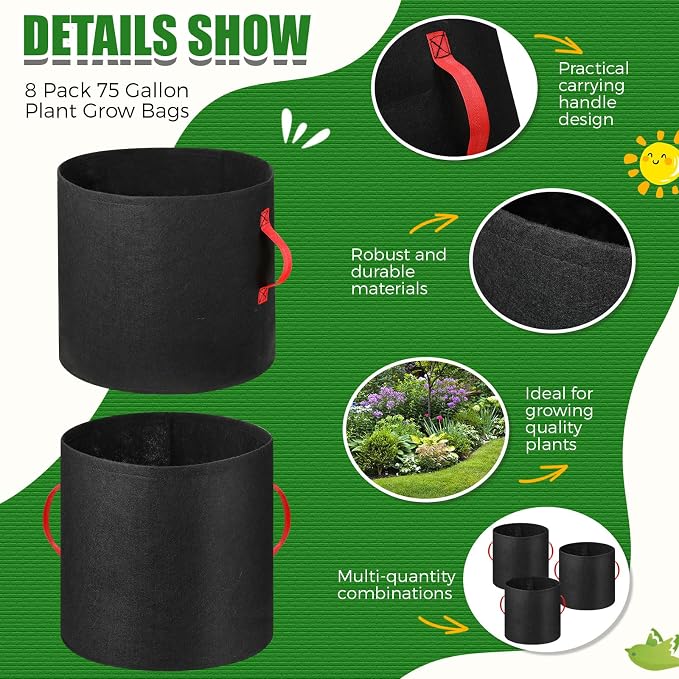 Nuenen 8 Pack 75 Gallon Plant Grow Bags Bulk Breathable Nonwoven Fabric Pot with Handles Heavy Duty Nursery Vegetable Pots with Gloves for Garden Vegetables Potato Plants Flower Growing Planting