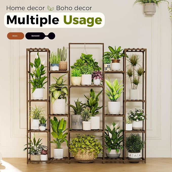 Bamworld Plant Shelf Indoor Hanging Plant Stand Outdoor Large Plant Shelves Tall Flower Holder wooden plant stand for Multiple Plants Plant Rack for Living Room Balcony Decor Garden Clearance Deals 17 Pots Plant Table