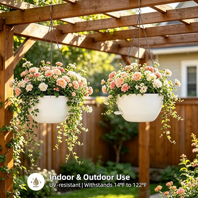 2 Pack 10 Inch Self Watering Hanging Planters for Indoor Plants, Large White Plastic Hanging Pots with Chains for Outdoor Patio Garden Home Decor (White)
