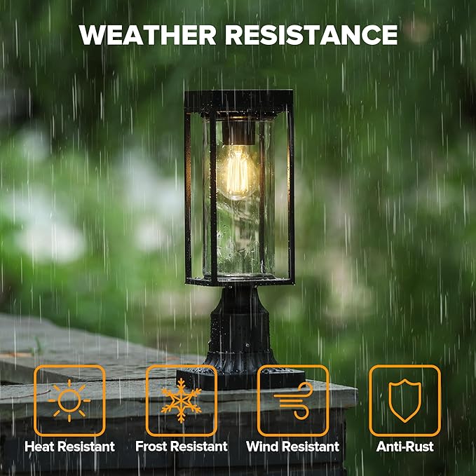 LUTEC Solar Post Light, Dusk to Dawn Aluminium Lamp Post Light Fixture with Pier Mount Base, Exterior Black Fence Lights Outdoor Waterproof for Garden Yard Patio Pole Mount