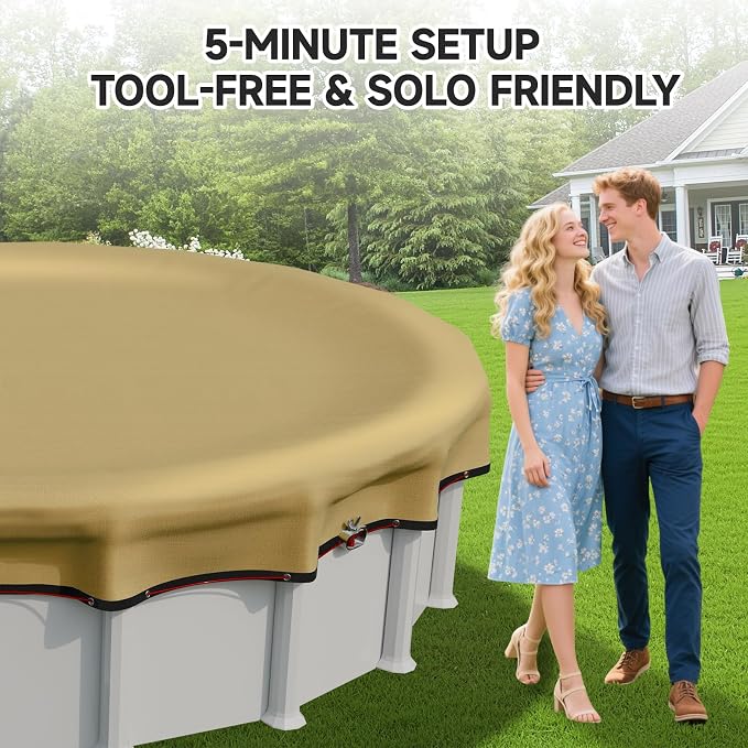 [Ultra Thick] 24FT Round Winter Pool Covers for Above Ground Pool Covers Easy Install 195GSM 500D,UV & Tear Resistant, Upgraded Heavy-Duty Winch, Reinforced Edges,Extra 4Ft Overlap Beige