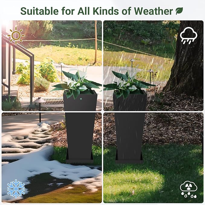 Metal Tall Outdoor Planters Set of 2, 24 inch Durable Tall Planters with Rust-Proof Coating & Drainage Insert Shelve & Trays, Black Outdoor Planters for Porch, Garden, Patio, Yard
