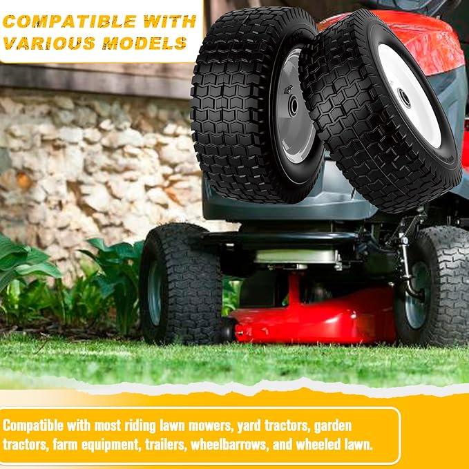 13x5.00-6 Flat Free Tire and Wheel with 3/4" & 5/8" Bearings – 2 Pack 13x5x6 Solid Rubber Lawn Mower Tires for Riding Lawn Mower Tires and Wheel with 3" Centered Hub