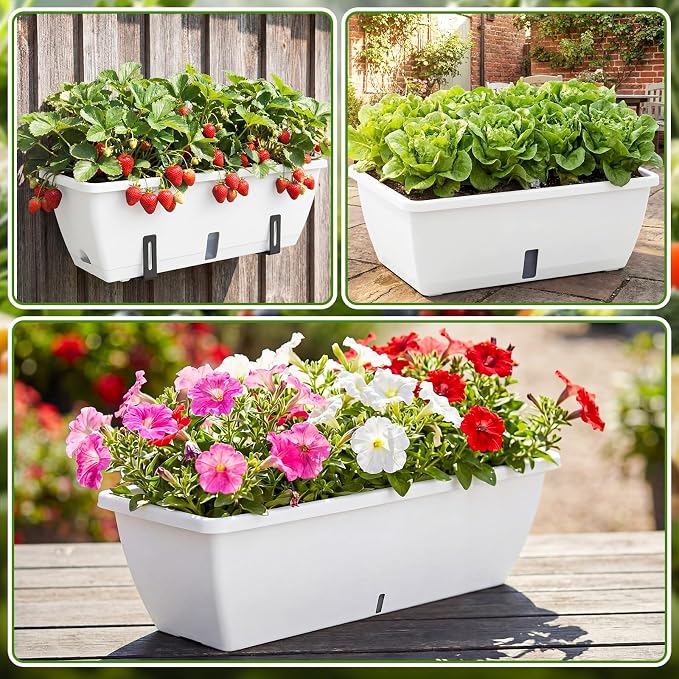 8 Pcs 24 Inch Plastic Flower Window Box Planter with Water Absorbing Net Drainage Holes & Visible Water Level Window, Rectangular Vegetable Flower Pots for Indoor Outdoor (White)