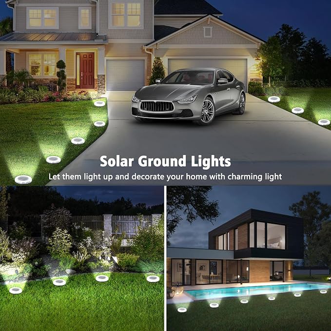 8 Pack Solar Ground Lights Outdoor Waterproof, 8 LED Solar Disc Lights, IP65 Waterproof Long Lasting Flat Light for Garden Pathway Walkway (Cool White)