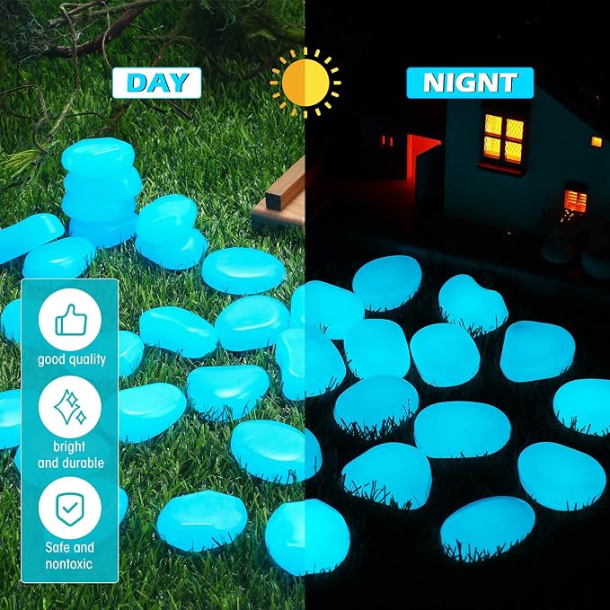 Landical 100 Pcs 1.8 Inch Large Glow in The Dark Rocks Pebbles Outdoor Fish Tank Rocks Aquarium Gravel Luminous Stones for Walkway Succulent Plant Halloween Decor (Light Blue)