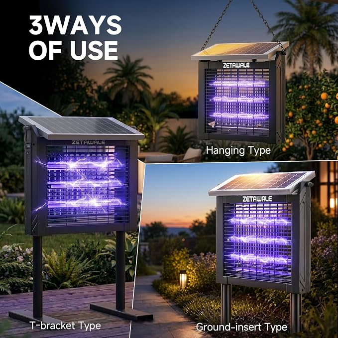 Solar Powered Bug Zapper Outdoor, 4500V Mosquito Trap with 10W Solar Panel, Fly Trap & Mosquito Killer, Dusk-to-Dawn Auto, IPX5 Waterproof, 2100 Sq.Ft Coverage for Patio, Backyard, Garden