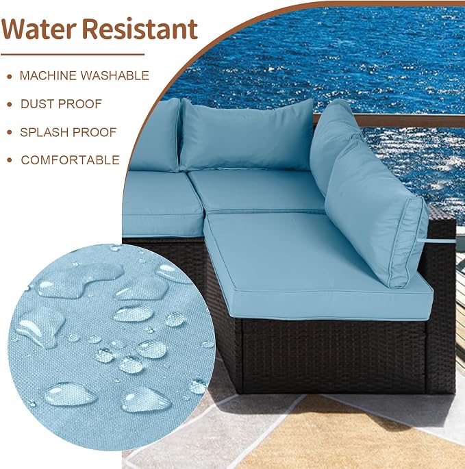 14 Piece Outdoor Patio Cushion Covers Replacement, Waterproof Outdoor Furniture Cushion Covers, Fit 7 Pcs 6 Seater Wicker Rattan Conversation Sofa Set,Light Blue(Only Cover) 25.6x25.6