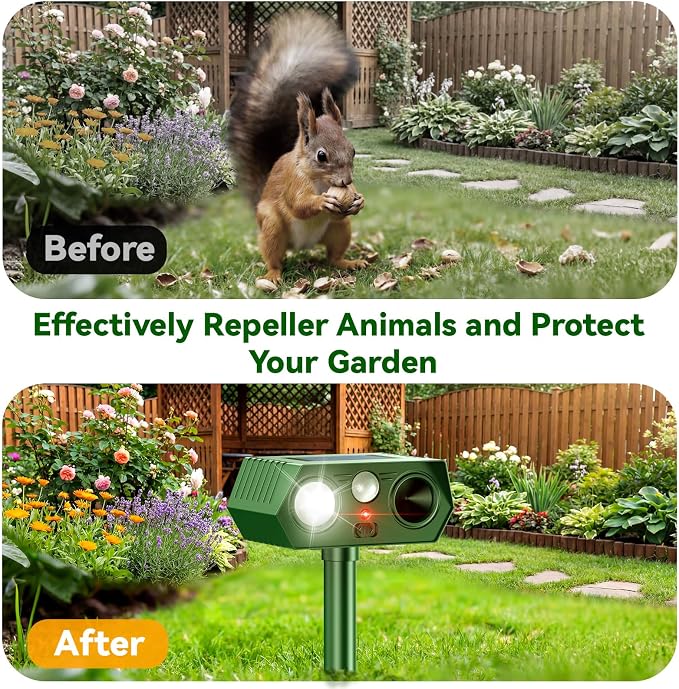 2026 Upgraded Solar Ultrasonic Animal Repeller Outdoor, Waterproof Motion Activated Repellent with Flash Light for Deer Cat Squirrel Raccoon Rabbit Dog Garden Yard (4 Pack)