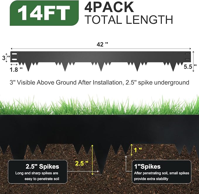 Metal Landscape Edging Border 4 Packs 42'' L x 5.5'' H, Galvanized Steel Garden Edging Border with 4 Stakes, Hammer-in Lawn Edging for Landscaping, Flower Bed, Yard, Pathway, Tree Ring (14ft Total)