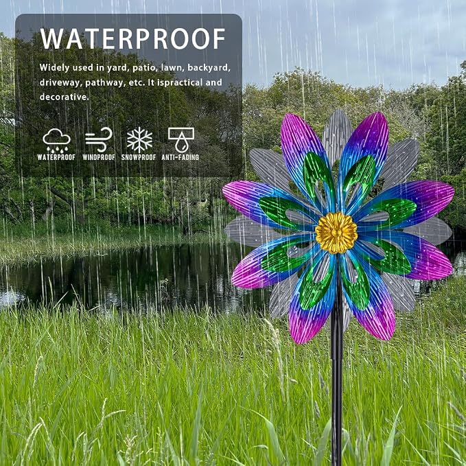 360°Metal Wind Spinner Outdoor,13”Double Wind Sculptures Garden Pinwheels with Metal Stak,Waterproof Pinwheels Large Wind Spinner for Yard and Garden（Purple）