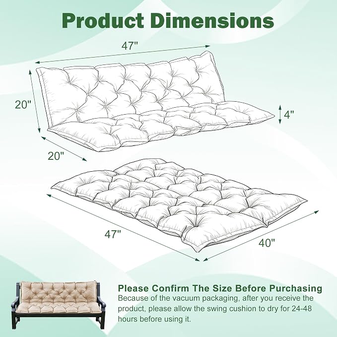 Porch Swing Cushions, 47x40 Inch Swing Cushions for Outdoor Furniture, Waterproof 2-3 Seater Patio Seat Cushion with Backrest, Replacement Bench Cushion for Glider, Settee, Beige