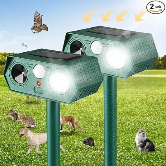 2025 Solar Animal Repellent,Upgraded Ultrasonic Cat Repellent Outdoor,Waterproof Deer Deterrent for Bird Dog Skunk,Squirrels Deterrent with Motion Detection Flash Lights for House B (2 Pack)