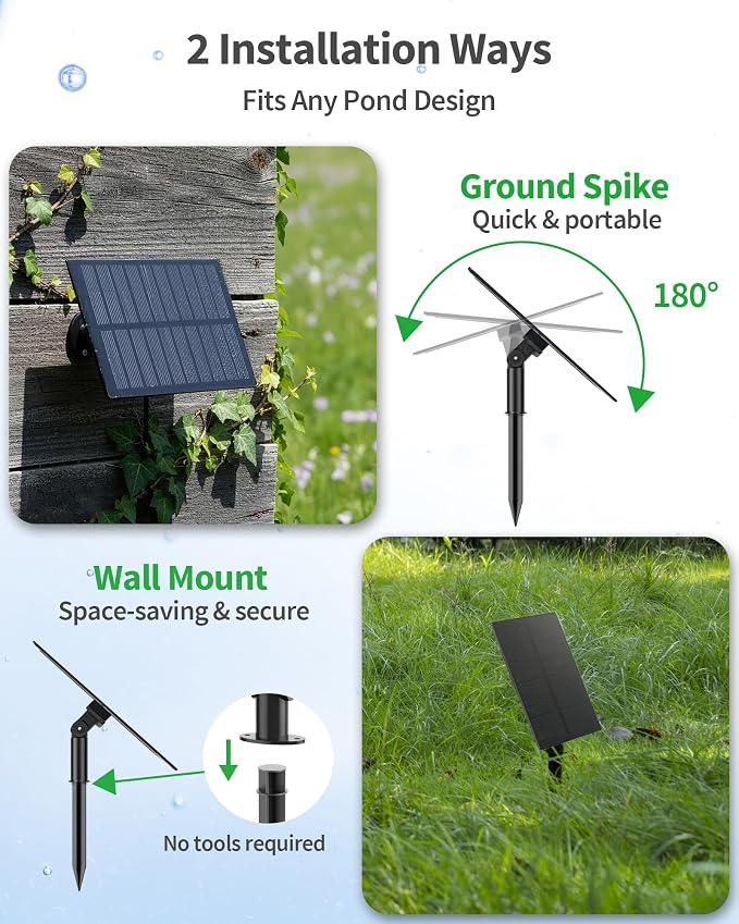 POPOSOAP 2W Solar Pond Aerator, Solar Air Pump for Pond with 1500 mAh Battery Backup, 3 Modes & Separated Solar Panel for Small Outdoor Pond Fish Tank Hydroponics P9215
