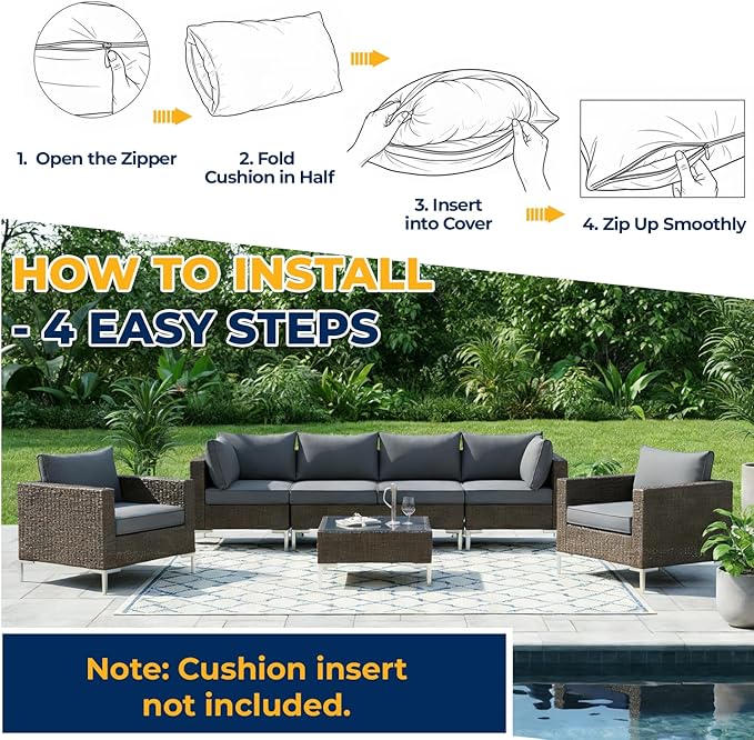 HOMREST 14-Piece Outdoor Cushion Covers Set for Patio Furniture, Reversible Double-Sided Sofa Slipcovers with Zipper, Water-Repellent Replacement Covers Only (Grey, 25.6×25.6×3.9in)