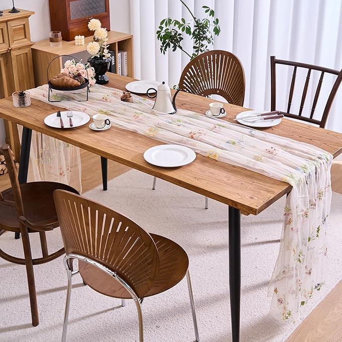 vctops 2 Packs Embroidery Lace Spring Table Runner 10ft Floral Garden Seasonal Tulle Table Runner Holiday Kitchen Dining Table Decoration for Wedding Party Baby Shower Birthday (Beige,30"x120")