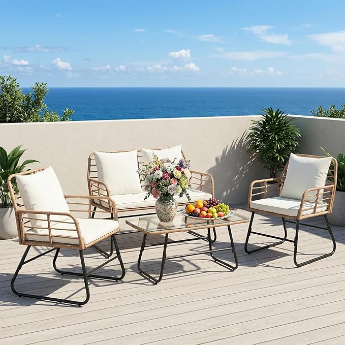 DUMOS Outdoor 4 Piece Patio Furniture Set, Wicker Patio Set with Thick Sandwich Structure Cushions, Deep Seating All-Weather Rattan Sofa and Functional Glass Table for Porch, Lawn, Brown