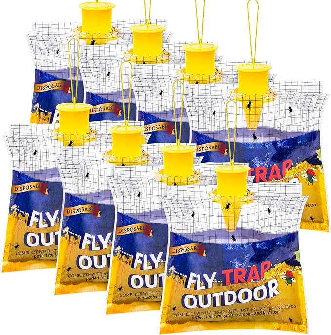 Disposable Fly Traps 8 Pack Bags Outdoor, Flies Catcher Traps with Natural Pre-Bait Refill Repellent, Reusable Stable Horse Ranch Trapper Outdoor Hanging Fly Killer Helps Control Flies