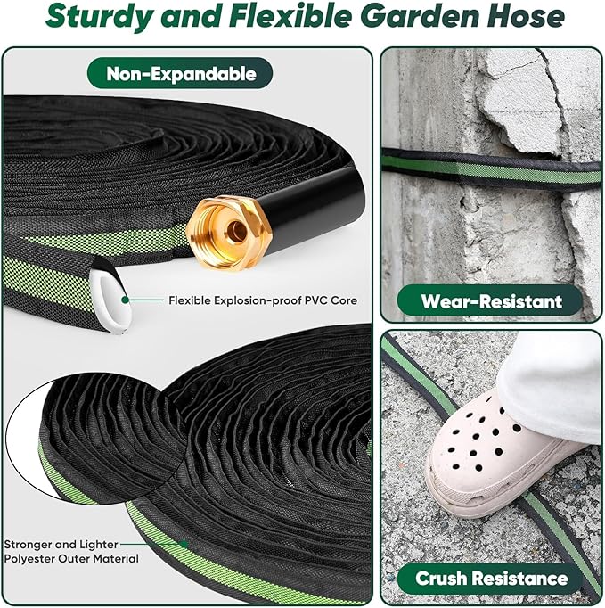 Garden Hose 100ft, Non-Expanding Water Hose, 8 Function Nozzle, Flexible Ultra-Light, Anti-Kink, Wear-Resistant, Portable, Easy Storage, Hose with 3/4 for Outdoor, Garden, Yard and Lawn, Black Green